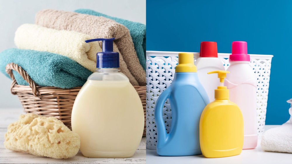 Laundry detergent bottles and folded towels